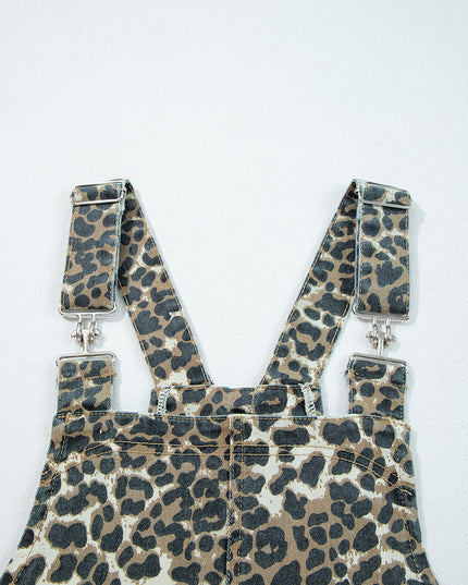 Gray Leopard Print Pocketed Loose Fit Denim Overall Dress
