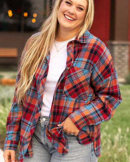 Red Plus Size Plaid Print Buttoned Shirt