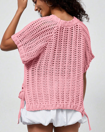 Pink Plus Size Open Knit Bow Tie Short Sleeve Sweater