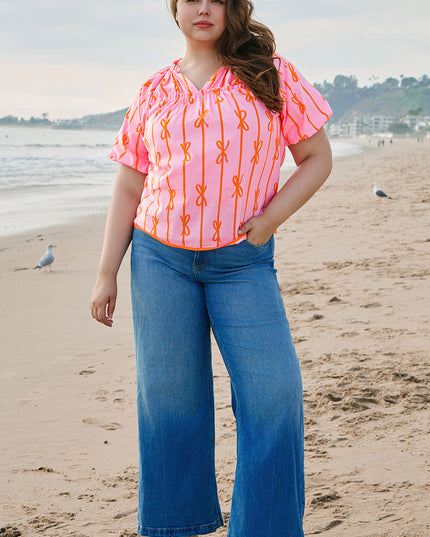 Rose Bowknot Print Shirred V Neck Puff Sleeve Plus Size Blouse