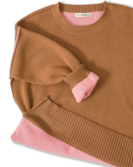 0805 Round Neck Contrast Trim Sweater SI-28343 Zenana