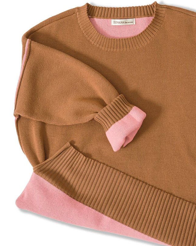 0805 Round Neck Contrast Trim Sweater SI-28343 Zenana