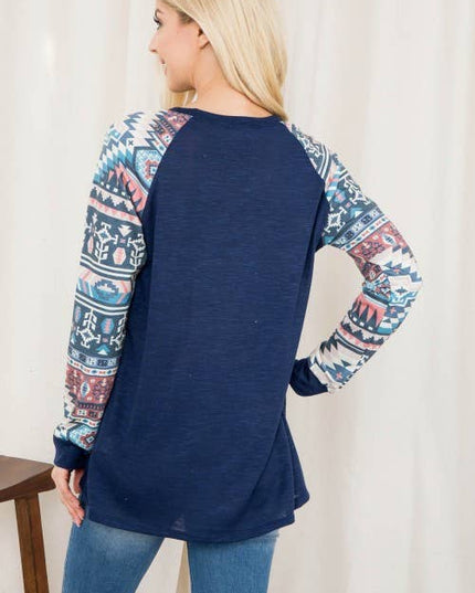KC013B-SIMONE AZTEC PRINT COLOR BLOCK RAGLAN TOP