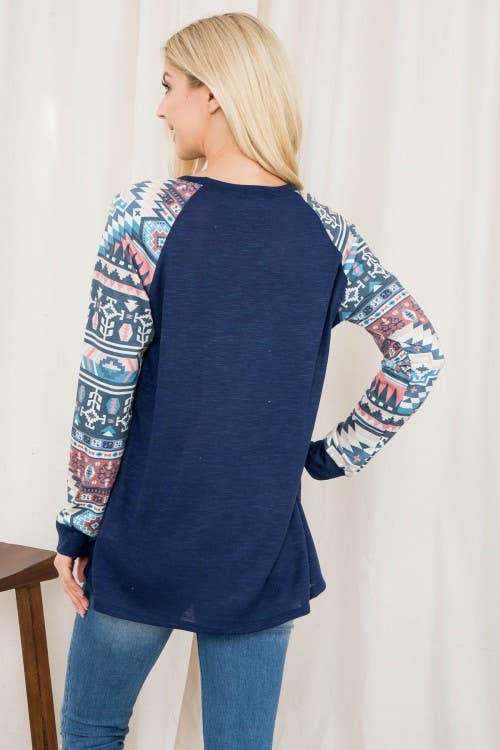 KC013B-SIMONE AZTEC PRINT COLOR BLOCK RAGLAN TOP