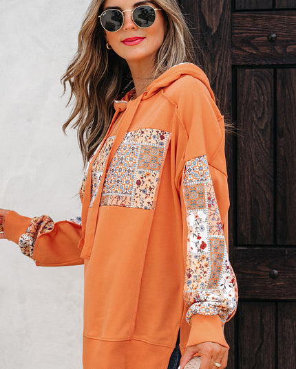 Flamingo Mix Floral Patchwork Side Slit Drawstring Hoodie
