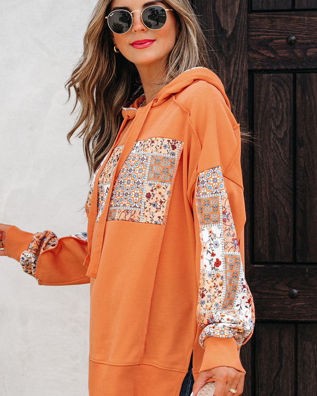 Flamingo Mix Floral Patchwork Side Slit Drawstring Hoodie