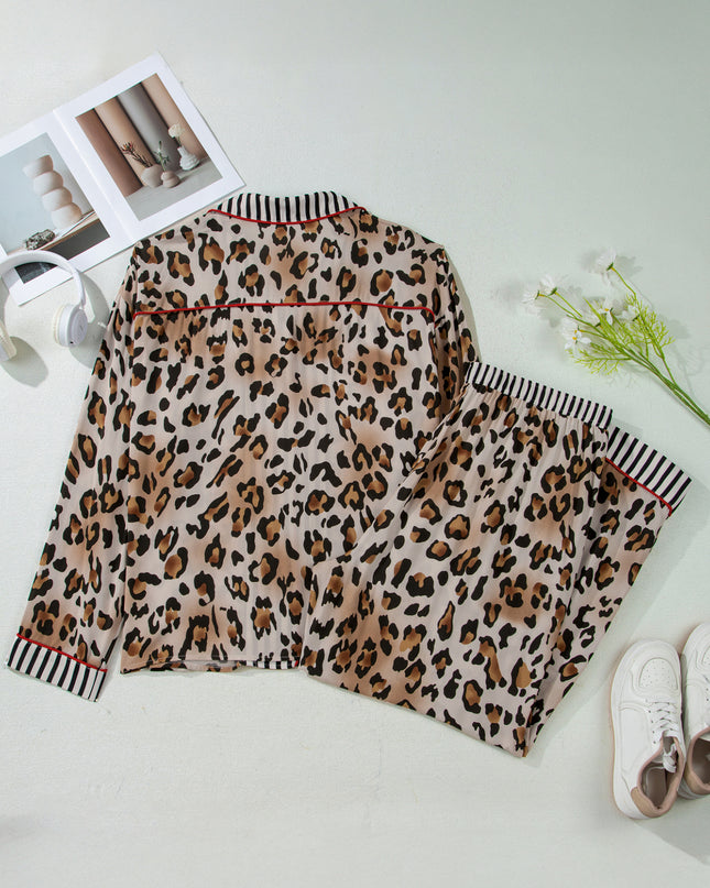 Khaki Plus Leopard Print Contrast Piping Striped Patchwork 2pcs Long Pajama Set