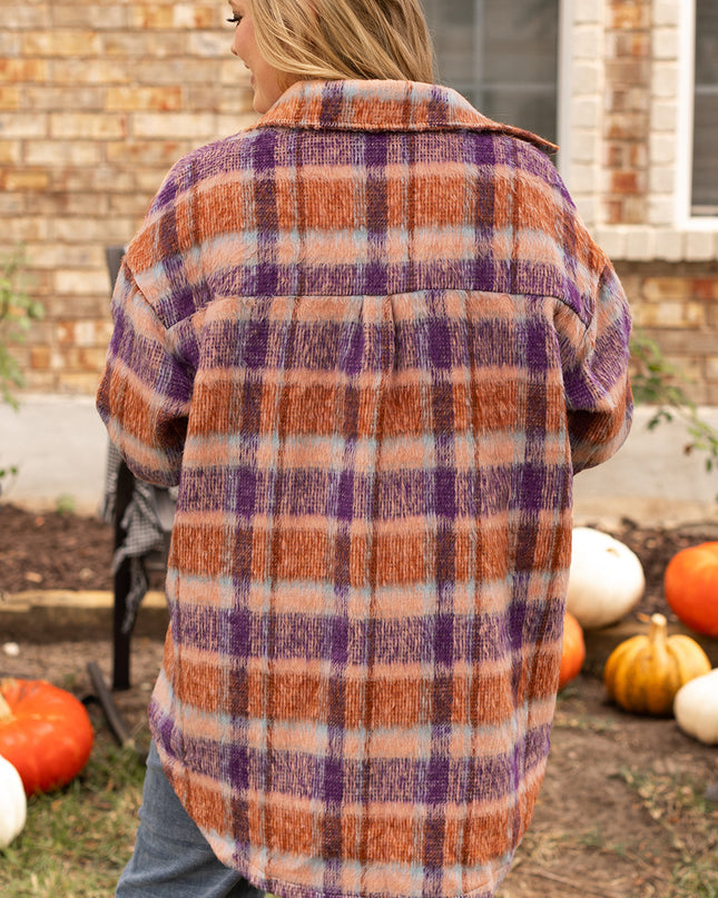 Multicolour Plus Size Plaid Print Collared Button up Jacket