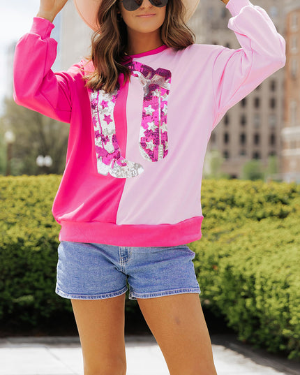 Pink Color Block Sequined Cowgirl Boots Graphic Sweatshirt