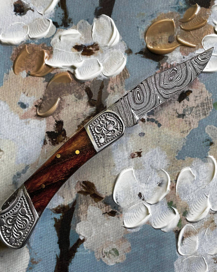 POCKET KNIFE WALNUT WOOD 6.5'' DAMASCUS STEEL KNIFE STEEL BO