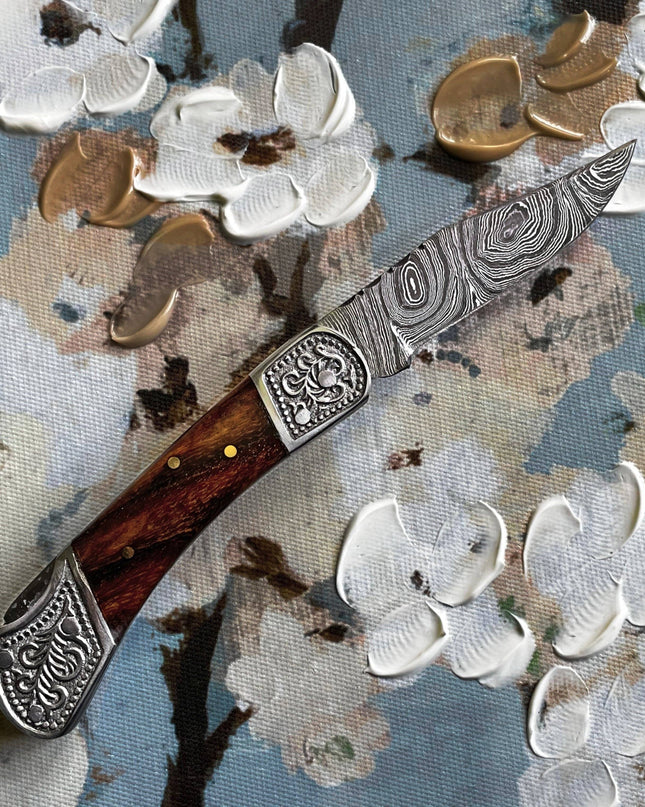 POCKET KNIFE WALNUT WOOD 6.5'' DAMASCUS STEEL KNIFE STEEL BO