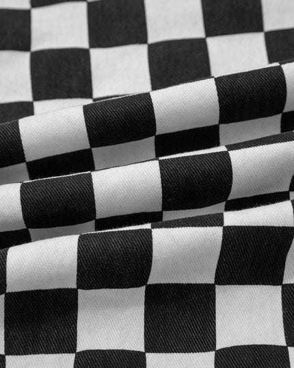 Black Checkerboard Print Distressed Holes Raw Edge Cropped Jeans