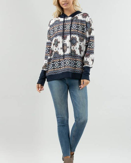 KC020-TANIA AZTEC PRINT COLOR BLOCK HOODIE