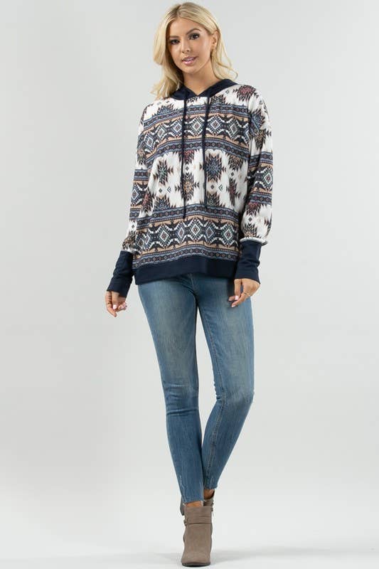 KC020-TANIA AZTEC PRINT COLOR BLOCK HOODIE