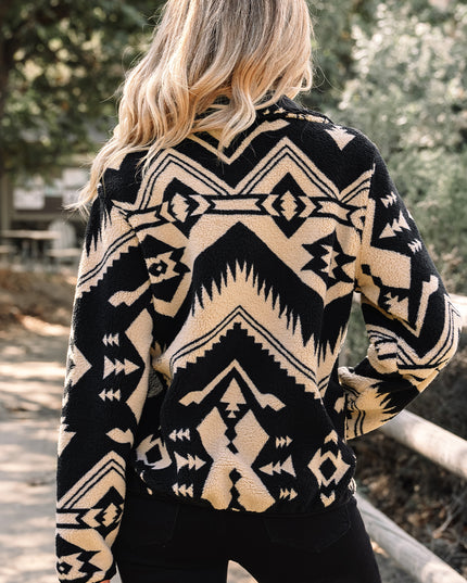 Beige Western Aztec Half Zip Plush Sweatshirt