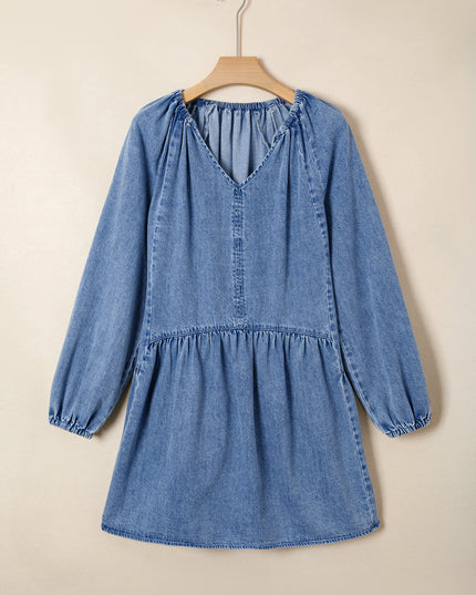 Myosotis Puff Sleeve V Neck Ruffled Loose Denim Mini Dress