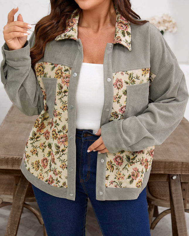 Medium Grey Corduroy Floral Patchwork Vintage Jacket