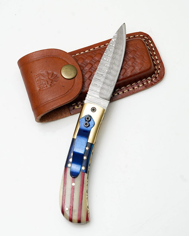 Patriotic American Flag Folding Knife | Hand-Forged Damascus Steel | Custom Blue Pocket Clip Edition TK-475