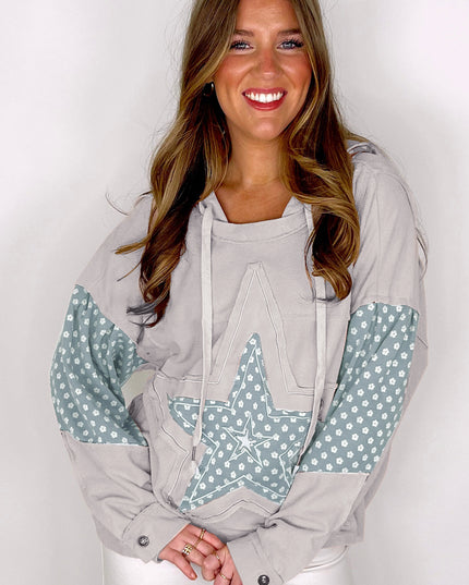 Beau Blue Floral Patchwork Star Pattern Drawstring Hoodie