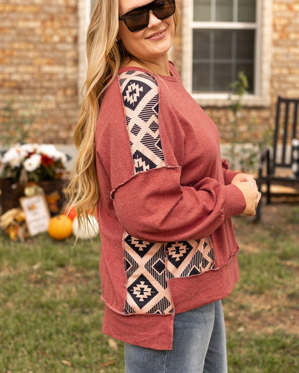 Redwood Burl Aztec Patchwork Drop Shoulder Plus Size High Low Sweatshirt