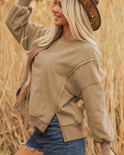 Dark Khaki Fuzzy Sherpa Splicing Pullover Sweatshirt with Side Slit
