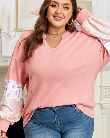 Pink Floral Sleeve Patchwork Waffle Knit Notched V Neck Plus Size Top