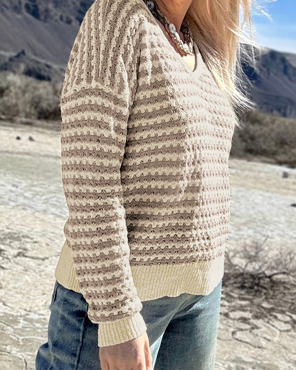 Khaki Stripe Plus Size V Neck Drop Shoulder Sweater