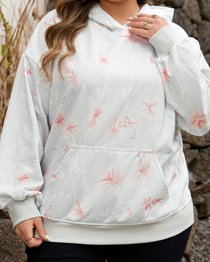 Gray Floral Print Plus Size Loose Hoodie