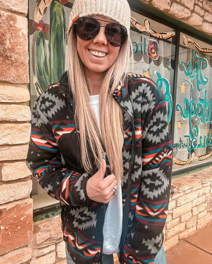 Black Aztec Printed Zip Up Collar Jacket