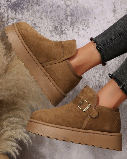 Coffee Buckle Detail Round Toe Platform Cozy Winter Boots