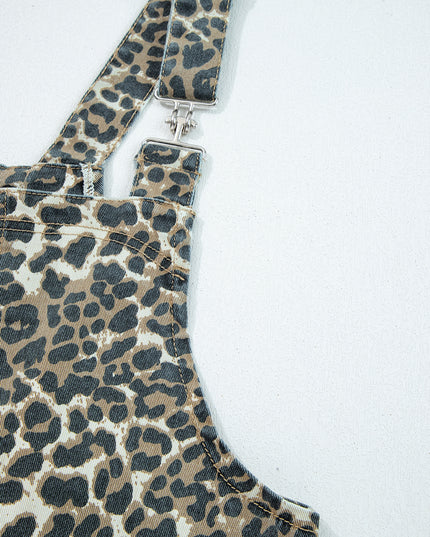 Gray Leopard Print Pocketed Loose Fit Denim Overall Dress