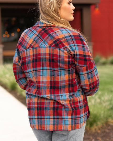 Red Plus Size Plaid Print Buttoned Shirt