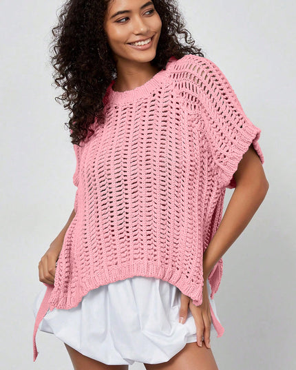Pink Plus Size Open Knit Bow Tie Short Sleeve Sweater