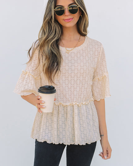 Beige Solid Color Textured Ruffled Short Sleeve Blouse