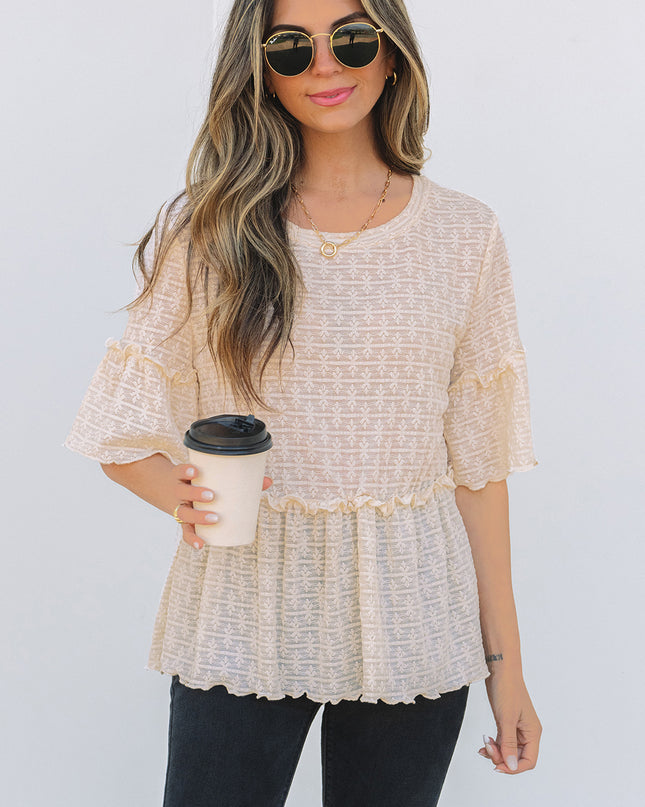 Beige Solid Color Textured Ruffled Short Sleeve Blouse