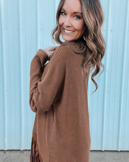 Coffee Waffle Knit Fringed High Low Loose Top