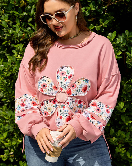 Peach Blossom Plus Size Floral Applique Drop Shoulder Sweatshirt