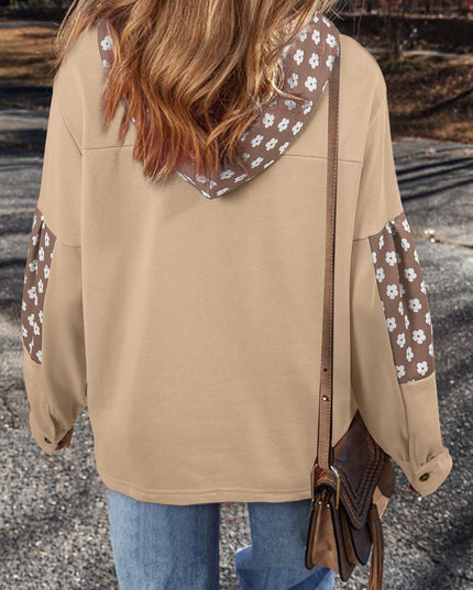 Apricot Floral Patchwork Star Pattern Drawstring Hoodie