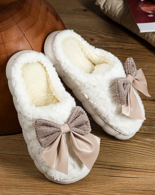 White Contrast Bowknot Applique Plush Winter Slippers (Colors May Differ by Batch)
