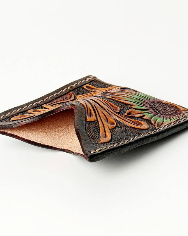 ADCCF108 Hand-Tooled Leather Card Holder - Sunflower & Western Floral Design