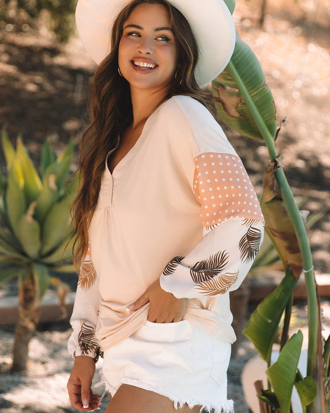 Jet Stream Palm Leaves Polka Dot Puff Sleeve Patchwork V Neck Loose Blouse