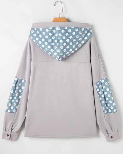 Beau Blue Floral Patchwork Star Pattern Drawstring Hoodie
