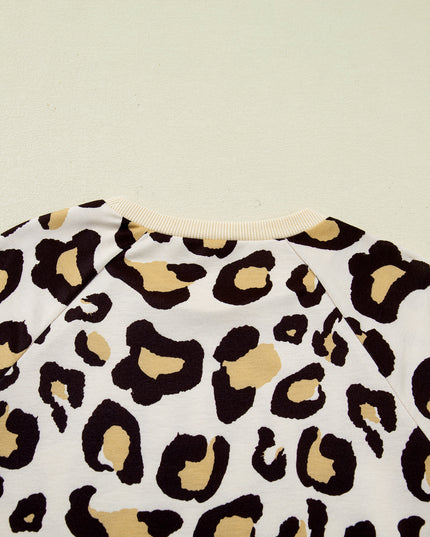 Khaki Leopard Long Sleeve Shift T Shirt Dress with Pockets