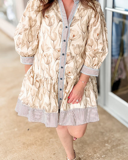 Khaki Plus Size Floral Print Striped Trim Patchwork Button Down A-line Dress