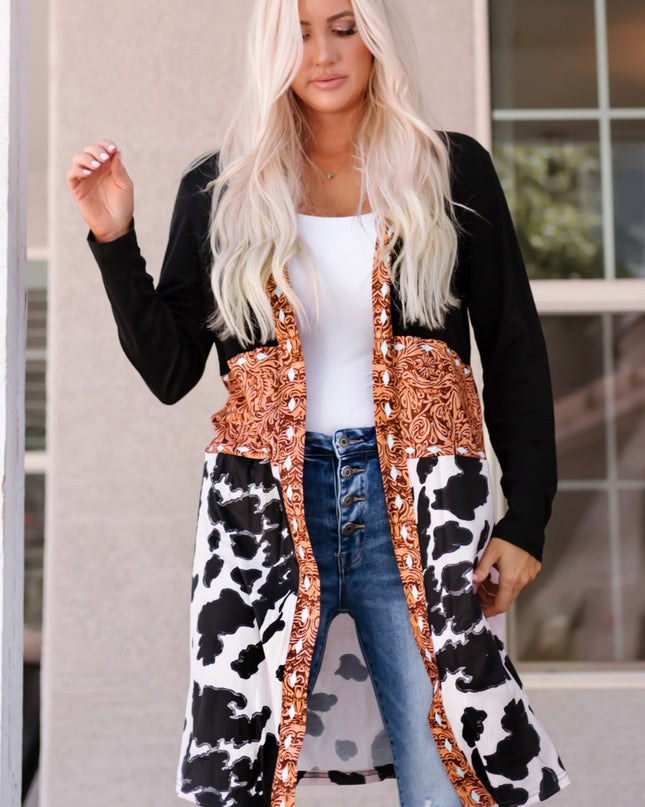 Black Western Pattern Cow Patchwork Open Front Cardigan