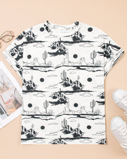 White Desert Sand Print Short Sleeve Knit Top