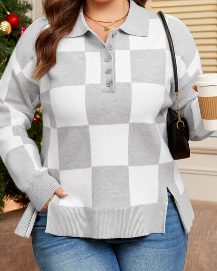Gray Plus Size Checkered Pattern Button Polo Collar Split Sweater