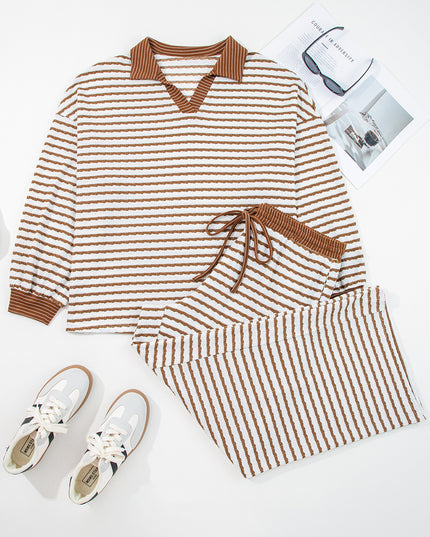 Khaki Stripe Plus Size Collared V Neck Loose Pullover Drawstring Elastic Waist Wide Leg Pant Set