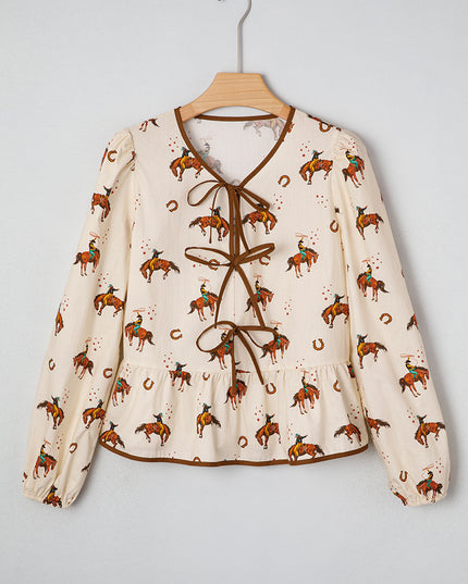 Apricot Western Rodeo Print Tied Front Puff Sleeve Peplum Top