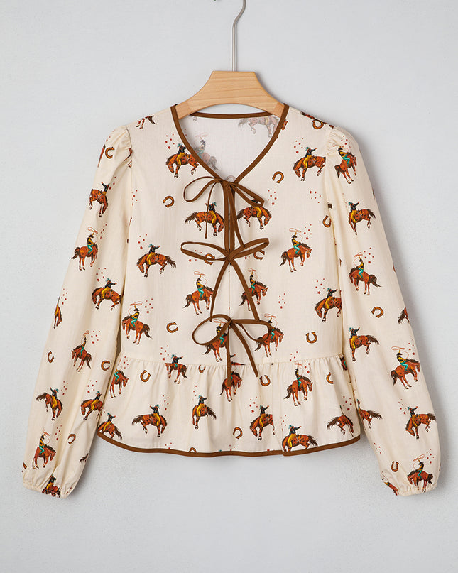 Apricot Western Rodeo Print Tied Front Puff Sleeve Peplum Top